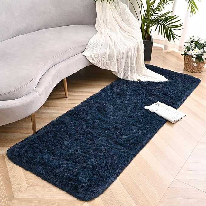 Navy Blue Runner Area Rugs for Bedroom Living Room, 2x6 Feet Fluffy Bedside Rugs, Soft Shaggy Carpet Rug for Kids Room Nursery, Furry Cute Rugs for Girls Boys Dorm Room Home Decor