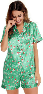 SWOMOG Womens Silk Satin Pajamas Set Short Sleeve Sleepwear Button Down Top and Shorts Loungewear 2 Piece Pjs Set XS-3XL
