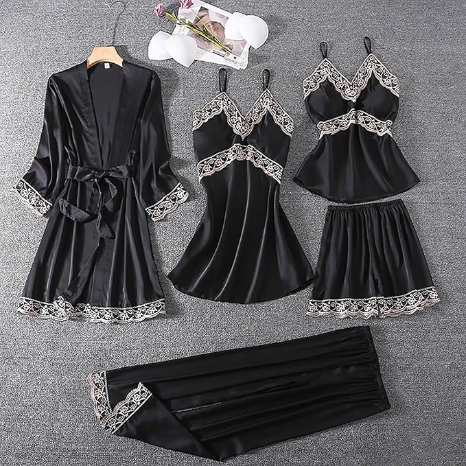 Women's 4pcs Silk Satin Pajamas Set Floral Lace Trim Dress with Robe Lounge Sleepwear Nightdress Novelty Loungewear