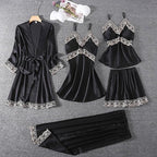 Women's 4pcs Silk Satin Pajamas Set Floral Lace Trim Dress with Robe Lounge Sleepwear Nightdress Novelty Loungewear