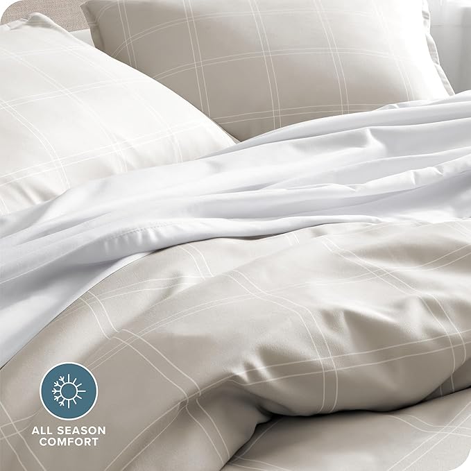 Bare Home Bedding Duvet Cover Full Size - Premium 1800 Super Soft Collection - Lightweight, Duvet Cover - Soft Textured Bedding (Full, Modern Plaid - Stone/White)
