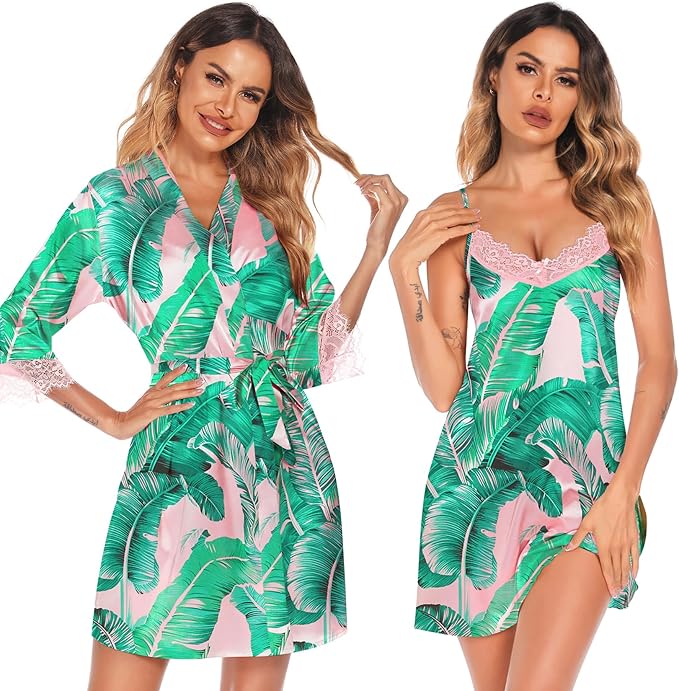 SWOMOG Women's Satin Robe Set 2 Piece Sexy Pajamas Sets Lace Cami Nightgown and Silk Robes Nightwear