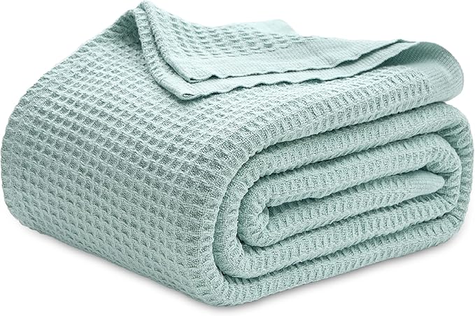 Bedsure Gentlesoft 100% Cotton Blanket Queen Size for Bed - Cooling Breathable and Soft for Spring Summer, Thick Cozy Waffle Weave Blanket Gifts for Women, Mint, 90x90 Inches