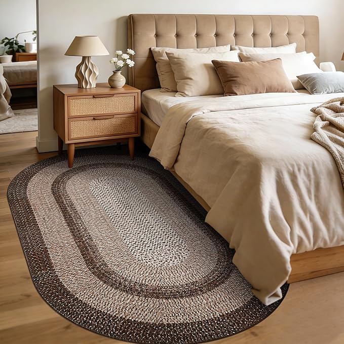 5x8 Oval Living Room Area Rug Washable Modern Border Bedroom Bedside Area Rugs Non Slip Low Pile Dining Room Oval Throw Carpet Contemporary Rugs for Living Room Kitchen Nursery, Brown