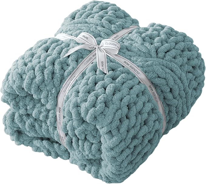 Chunky Knit Blanket Throw - 100% Hand Knitted Chunky Soft Throw Blanket for Couch, Thick and Warm Blanket for Winter, Blue, 40x50 Inches
