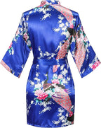 Women's Short Kimono Robes Bride and Bridesmaid Satin Floral Bathrobe Peacock Sleepwear Dressing Gown for Wedding Party