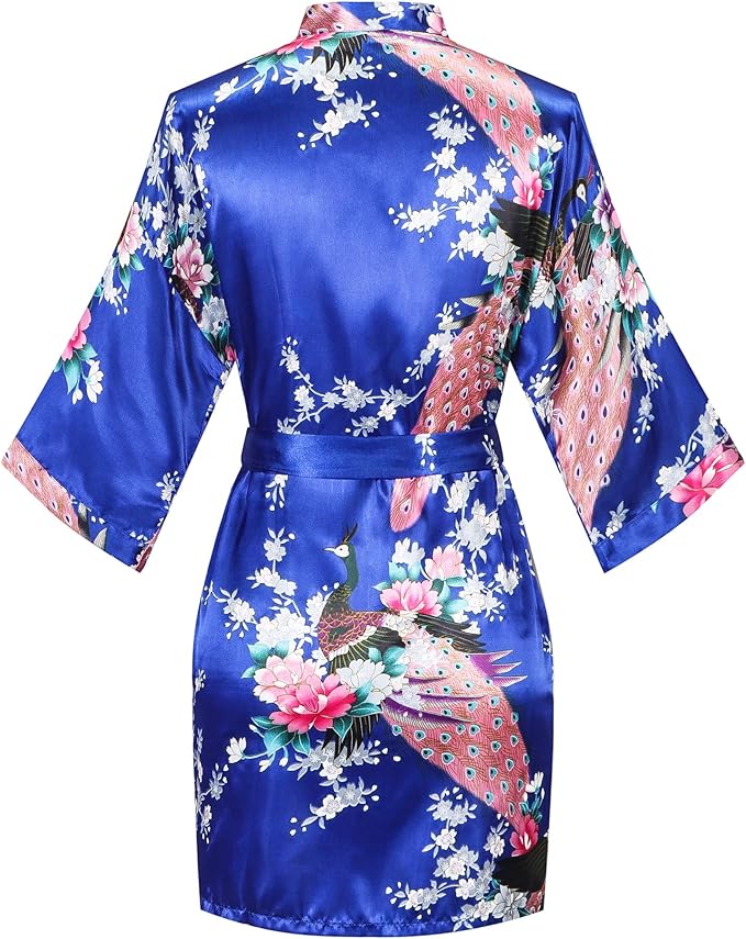 Women's Short Kimono Robes Bride and Bridesmaid Satin Floral Bathrobe Peacock Sleepwear Dressing Gown for Wedding Party
