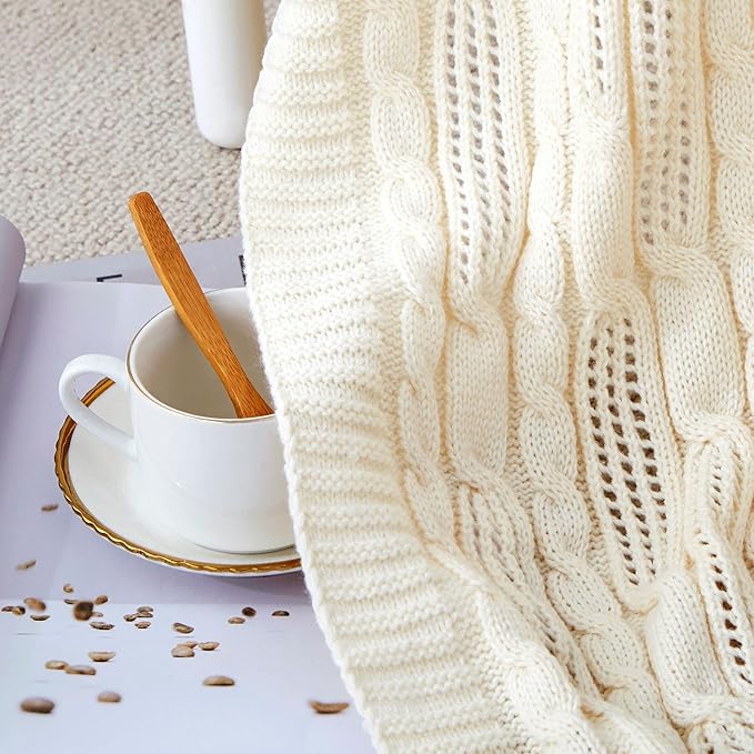 Aormenzy Cable Knit Throw Blankets 50 x 60 Inches, Soft Cozy and Lightweight Knitted Blanket, Machine Washable Acrylic Blanket, Decorative Throw Blanket for Couch Sofa Bed, Cream White
