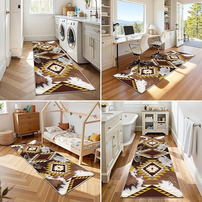 Western Rugs for Living Room,2.6x7ft,Moroccan Geometric Runner Rug,Cow Print Decor Faux Cowhide Rug,Machine Washable Western Decor Hallway Runner Rugs,Floor Mat for Kitchen, Bedroom Entrance,