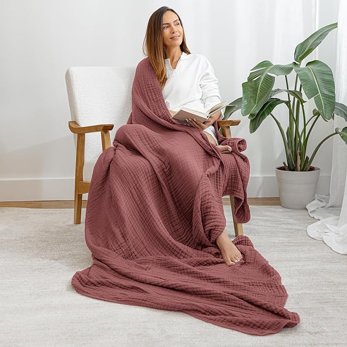 Comfy Cubs Muslin Throw Blanket - 50” x 60” Quilted Design - Lightweight, Breathable 6-Layer Gauze Fabric - Soft Cotton Blanket for Home or Travel - Packaged in Elegant Gift Box - Wine