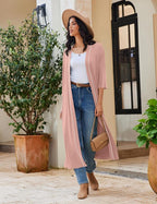 Ekouaer Robes for Women Long Knit Bathrobe Lightweight 3/4 Sleeves Kimono Robe Soft Sleepwear with Pockets S-XXL
