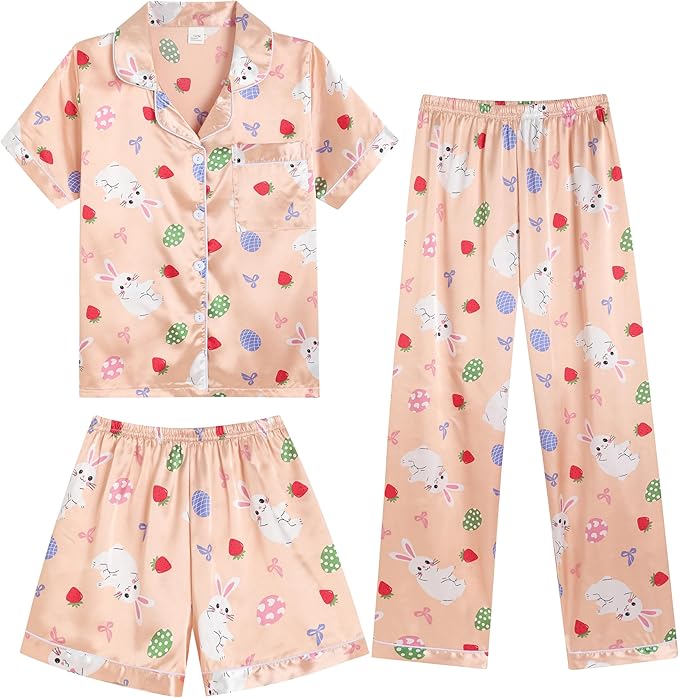 Hupohoi Unisex Girls Boys Kids Pajama Sets Button Down Satin Sleepwear Nighty 3PCS Silky Lounge Sets Nightwear