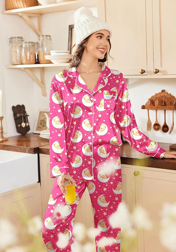 Ekouaer Women's Classic Button Down Long Satin Silk Pajama Set