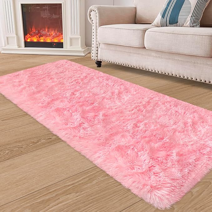 Pink Runner Rug for Bedroom 2x6 Fluffy Shaggy Area Rug for Living Room Soft Plush Fuzzy Rug Bedside Runners for Hallway Princess Girls Baby Nursery Room Modern Indoor Decor Carpet