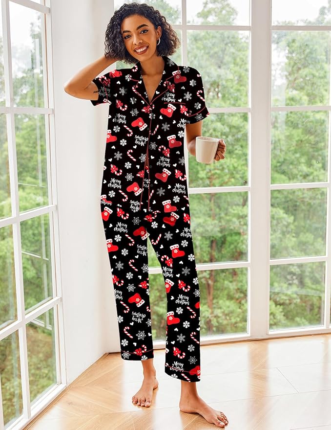 Ekouaer Silk Satin Pajamas Set Women Short Sleeve Sleepwear Soft Button Down Loungewear Pjs Set
