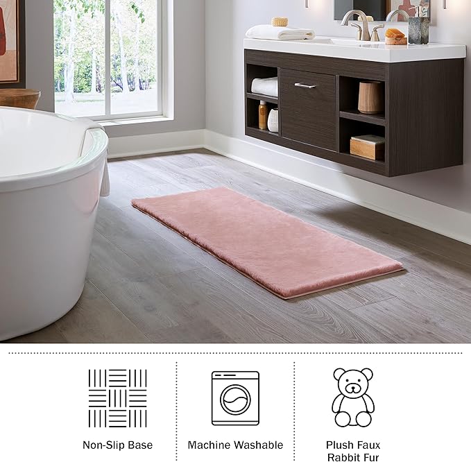 Home-Complete Faux Fur Bath Mat – 24x60-Inch Nonslip Jacquard Faux Fur Washable Rug for Bathroom or Kitchen, Mauve