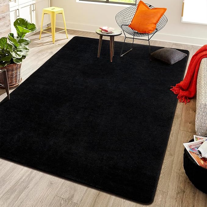 Softlife Area Rug for Bedroom Living Room, Solid Black Non-Slip 6x9 Fluffy Carpet with Soft Low Pile for Kids Boys Girls, Machine Washable Fuzzy Aethetic Rugs Home Dorm Decor
