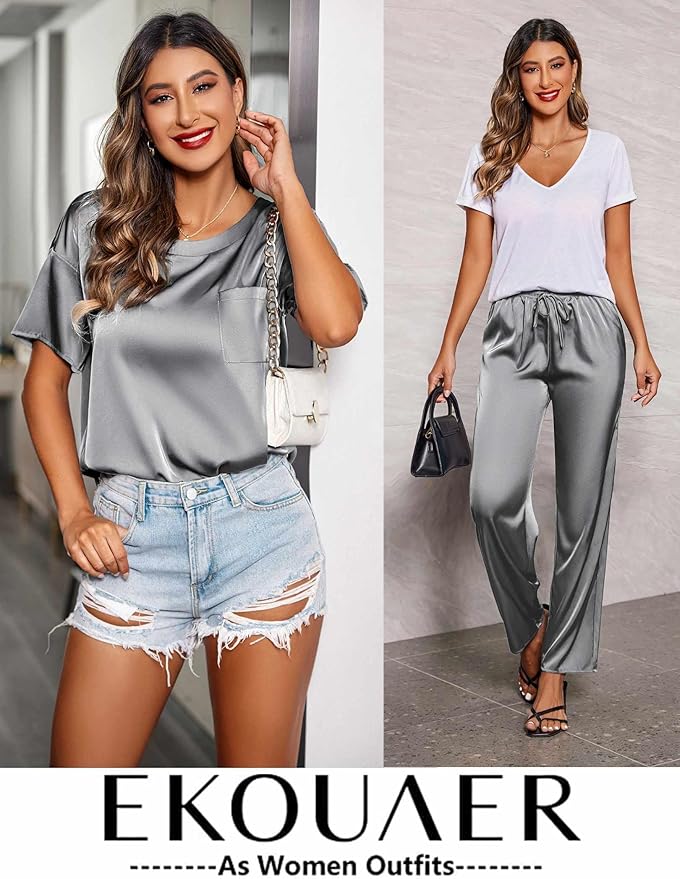 Ekouaer Womens Satin Silky Pajama Set Short Sleeve Shirt with Long Pajama Pant Set Soft PJ Loungewear