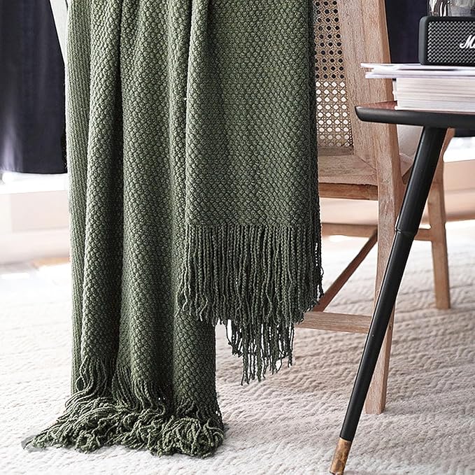 LOMAO Knitted Throw Blanket with Tassels Bubble Textured Lightweight Throws for Couch Cover Home Decor (Dark Olive, 50x60)