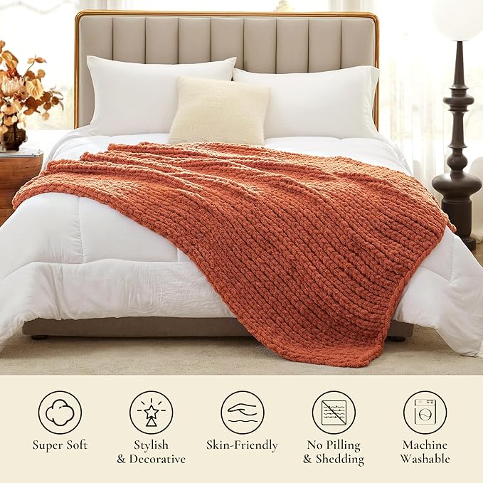 Amélie Home Chunky Knit Throw Blanket for Couch, Soft Chenille Handmade Crochet Throw Rope Knot Blanket for Couch, 50"x60", Burnt Orange