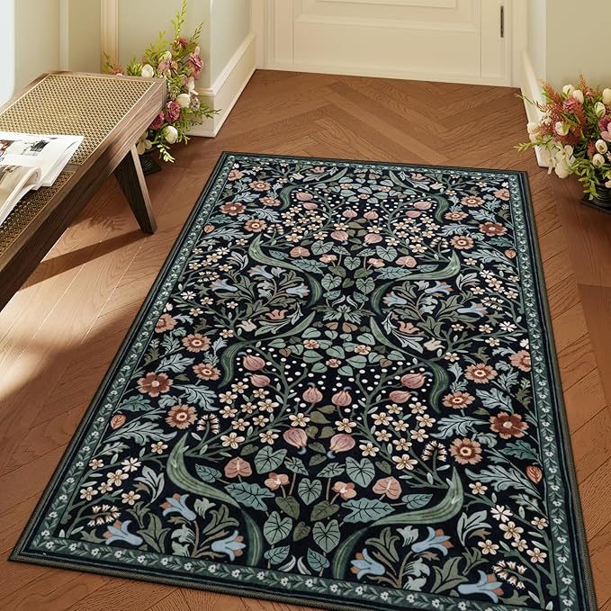 Lahome Claude Floral 3x5 Entryway Rug, Soft Washable Bedroom Area Rugs, Botanical Non-Slip Small Black Carpet for Bedside, Entrance, Dorm, Nursery, Living Room