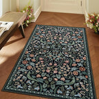 Lahome Claude Floral 3x5 Entryway Rug, Soft Washable Bedroom Area Rugs, Botanical Non-Slip Small Black Carpet for Bedside, Entrance, Dorm, Nursery, Living Room