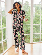 Ekouaer Silk Satin Pajamas Set Women Short Sleeve Sleepwear Soft Button Down Loungewear Pjs Set