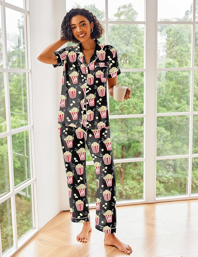 Ekouaer Silk Satin Pajamas Set Women Short Sleeve Sleepwear Soft Button Down Loungewear Pjs Set