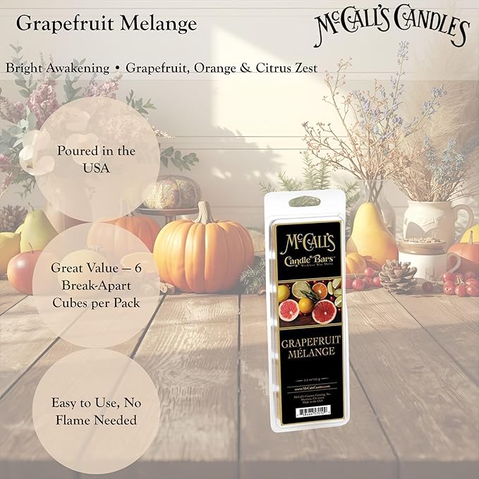 McCall’s Candles | Grapefruit Melange | Scented Wax Melt | Pink Grapefruit & Sweet Citrus Medley | 6-Piece Break-Apart Bar | 12–24 Hours Per Wedge | Poured in the USA | 5.5 oz