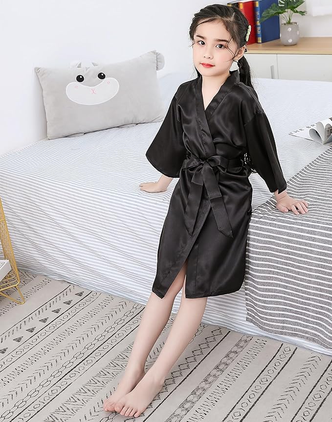 QXQTER Silky Satin Robes for Kids Girls Flower Girl Robe for Wedding Bridal Party with Gold Glitters