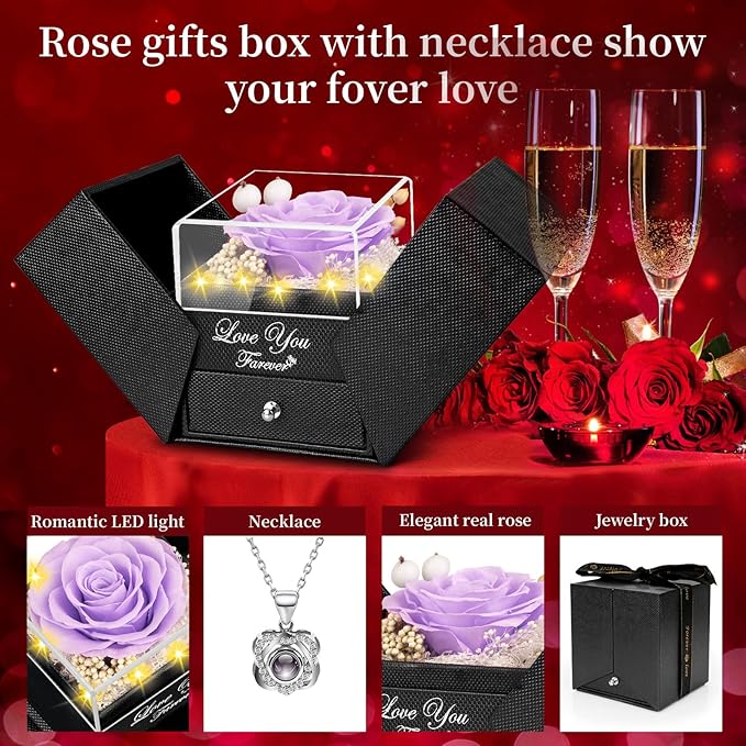 Lebana Preserved Light Purple Real Rose with Heart I Love You Necklace -Eternal Flowers Rose Birthday Gifts for Women Her Mom Wife Girlfriend Grandma on Valentines Mothers Day Christmas Anniversary
