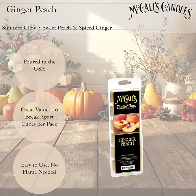 McCall’s Candles | Ginger Peach | Scented Wax Melt | Sun-Ripened Peach, Brown Sugar, Ginger & Nutmeg | 6-Piece Break-Apart Bar | 12–24 Hours Per Wedge | Poured in the USA | 5.5 oz