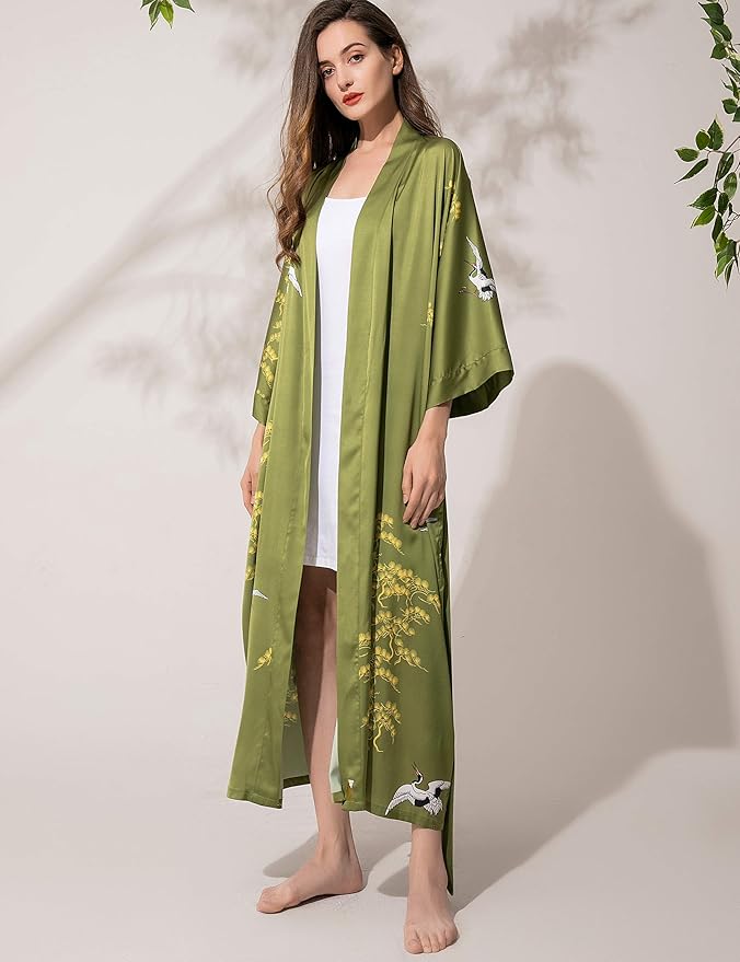 Aensso Long Soft Lightweight Silky Kimonos Robes for Women, Luxury Japanese Floral Womens Kimono Robe