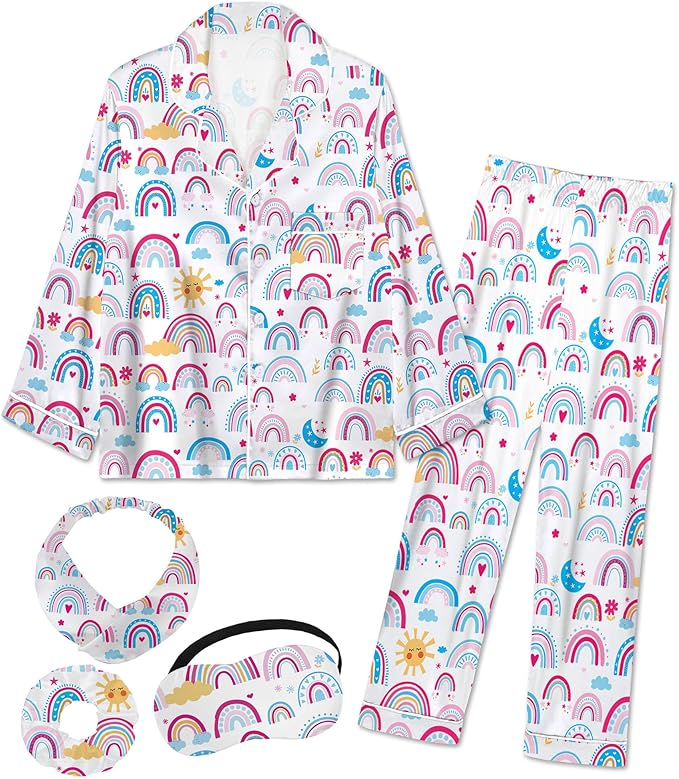 EPLAZA Kids Satin Pajamas Sets Girls Boys Button-Down Silky Pajamas Sleepwear with Hairband Eye Mask Hair Tie