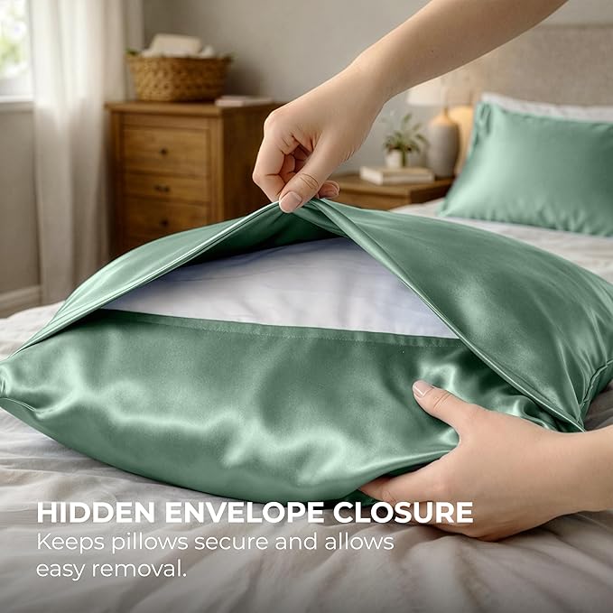 Pure Bedding Satin Pillowcase 2 Pack - King Size (20"x40", Champagne Green) - Silky Pillow Cases for Hair and Skin - Satin Pillow Covers with Envelope Closure - Extra Soft Premium Microfiber