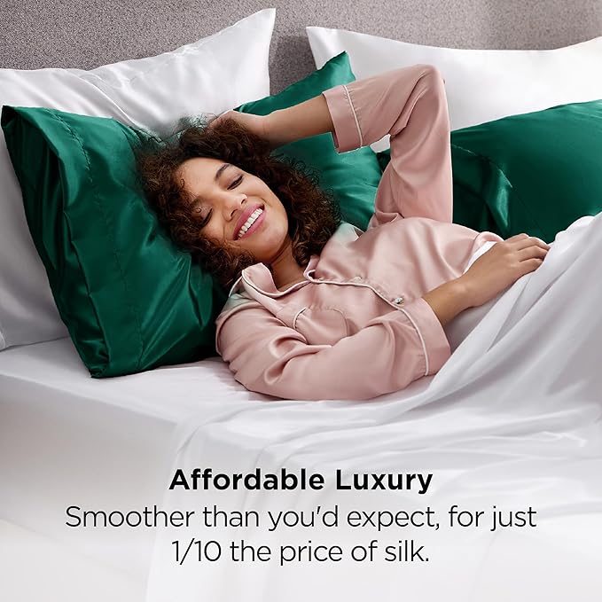 Bedsure Satin Pillowcases, Similar to Silk Pillow Cases Queen Size Set of 2, Pillow Case for Sleeping Women with Envelope Closure, Gifts for Women Men, Dark Green, 20x30 Inches, 2pcs