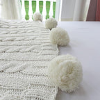 Chenille Chunky Knitted Throw Blanket with 14pcs Pom Poms Tassel Super Soft Cozy Warm Blanket for Sofa Bed Soft Couch 50 x60 inches (White)?-¡­