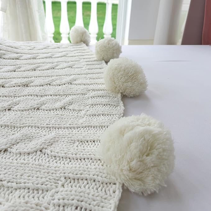 Chenille Chunky Knitted Throw Blanket with 14pcs Pom Poms Tassel Super Soft Cozy Warm Blanket for Sofa Bed Soft Couch 50 x60 inches (White)?-¡­