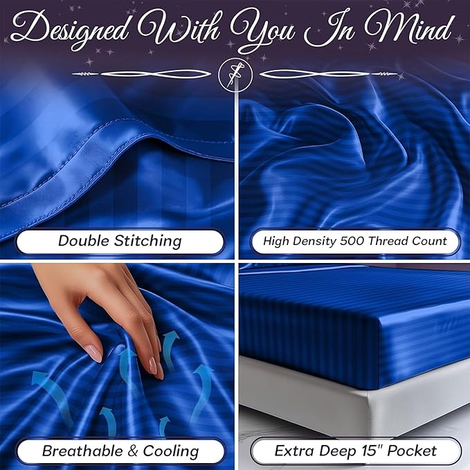 SLEEP SANCTUARY Satin Sheets Full Size – 4 Piece Luxury Silky Bed Set, Softer Than Silk, 15" Deep Pocket, Cooling & Wrinkle-Free, Moisture-Wicking & Breathable for Hair & Skin (Striped Blue)