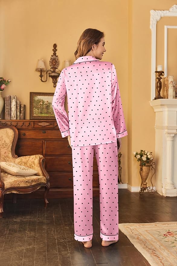 Ekouaer Women's Classic Button Down Long Satin Silk Pajama Set