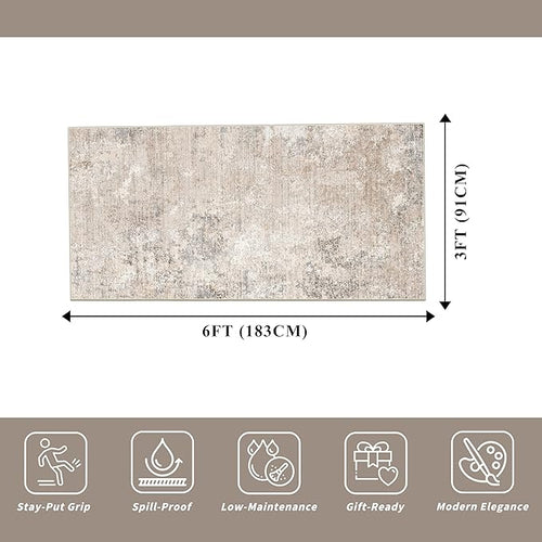 3x6 Non-Slip Washable Kitchen Rug - Soft Wide Indoor Carpet Runners for Entryway, Hallway, Bathroom with Rubber Backing, Modern Distressed Low-Pile Thin Floor Runner (Beige Grey,3x6)