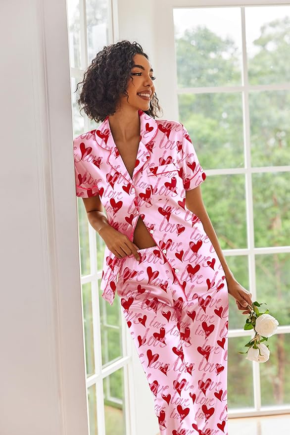 Ekouaer Silk Satin Pajamas Set Women Short Sleeve Sleepwear Soft Button Down Loungewear Pjs Set