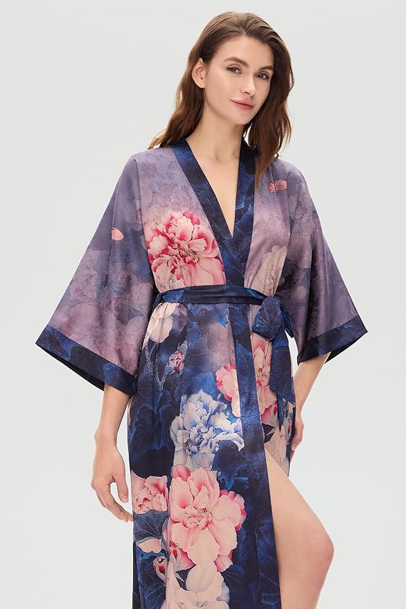 PRODESIGN Kimono Robes for Women - Long Silky Sleepwear Nightgown Bathrobe Floral Dressing Gowns Blouse Bride Bridesmaid Robe