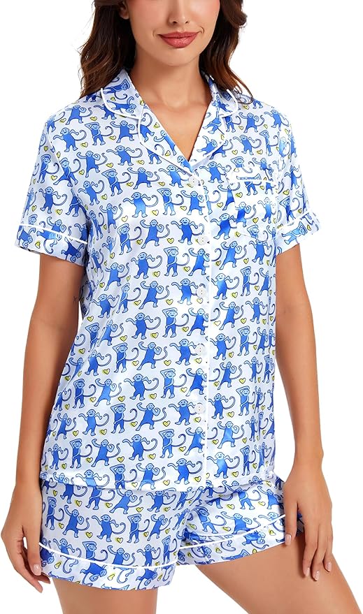 SWOMOG Womens Silk Satin Pajamas Set Short Sleeve Sleepwear Button Down Top and Shorts Loungewear 2 Piece Pjs Set XS-3XL