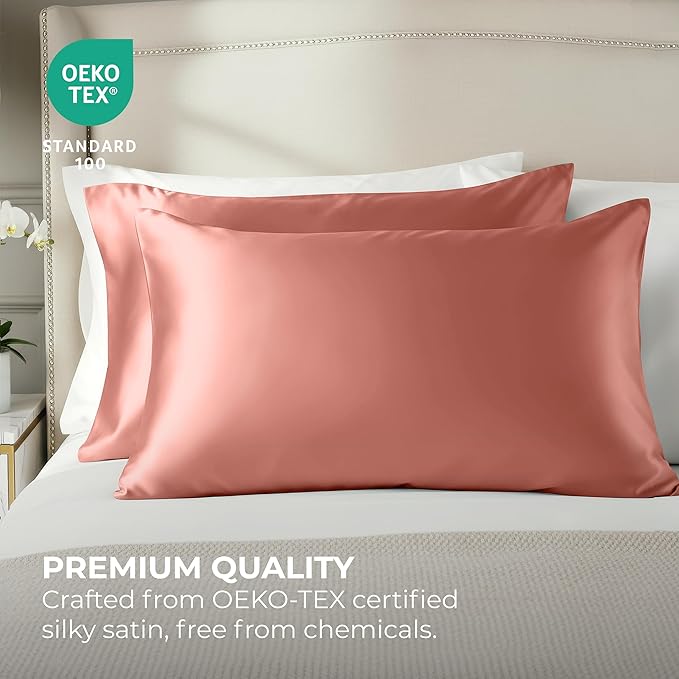 Pure Bedding Satin Pillowcase 2 Pack - King Size (20"x40", Blush Pink) - Silky Pillow Cases for Hair and Skin - Satin Pillow Covers with Envelope Closure - Extra Soft Premium Microfiber