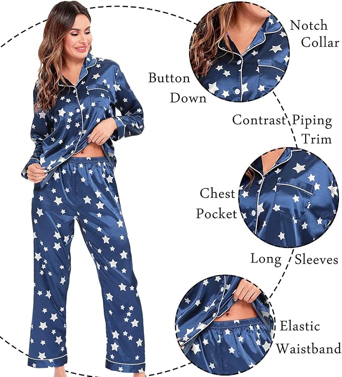 SWOMOG Womens Silk Satin Pajamas Set Long Sleeve Button Down Sleepwear 2 Piece Lounge Set Pj Set XS-3XL