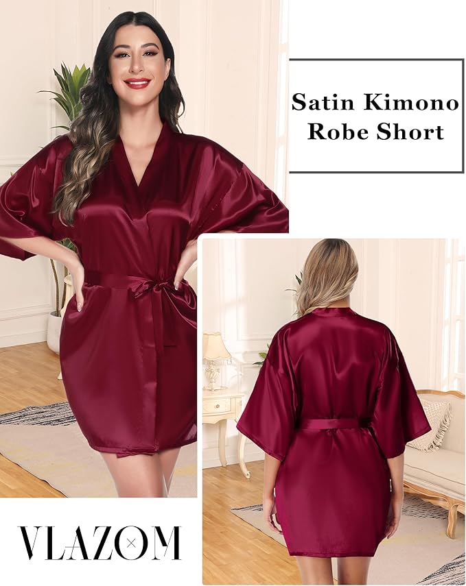 Vlazom Womens Kimono Robes Dressing Gown Satin Bathrobe Nightdress Short Style Bridal Robe
