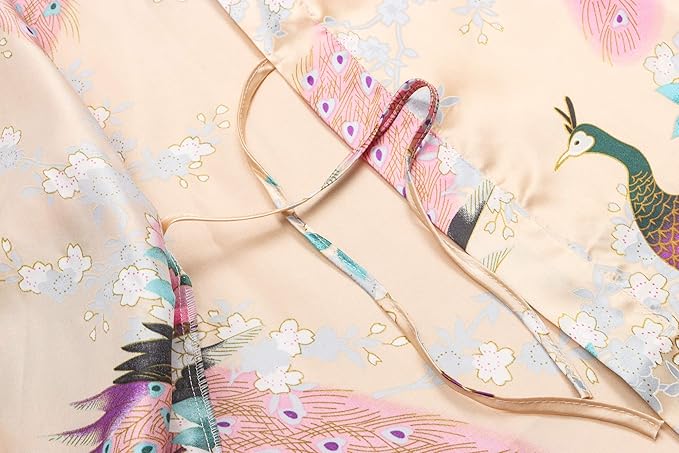 Women's Short Kimono Robes Bride and Bridesmaid Satin Floral Bathrobe Peacock Sleepwear Dressing Gown for Wedding Party