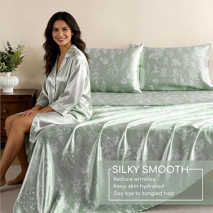 MR&HM Satin Bed Sheets with Elastic Corner Straps, Queen Size Sheets Set, 4 Pcs Silky Bedding Set with 15 Inches Deep Pocket for Mattress (Queen, Floral Sage)