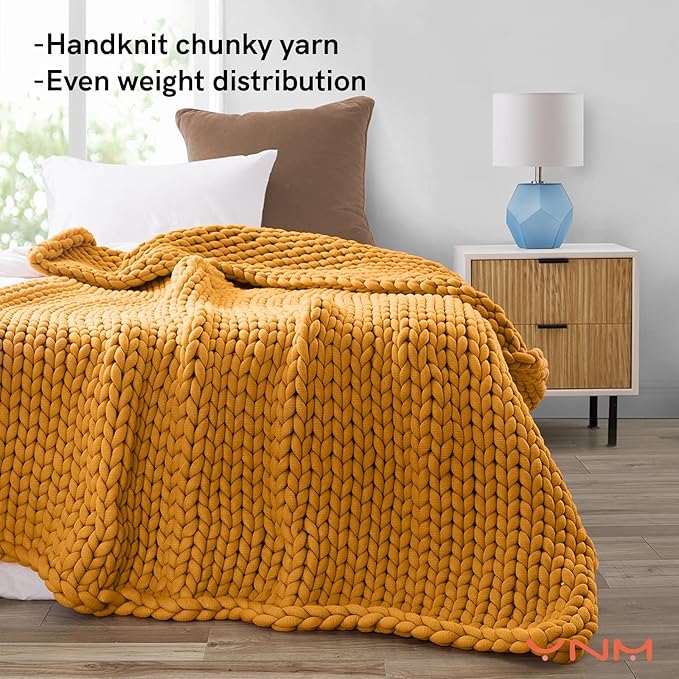 YnM Knitted Weighted Blanket, Handmade Chunky Knitted Design, Soft and Cozy, Temperature Regulating and Breathable, Machine Washable Throw for Sleep or Home Decor (Yellow Fusion, 80x87 Inch, 25lbs)